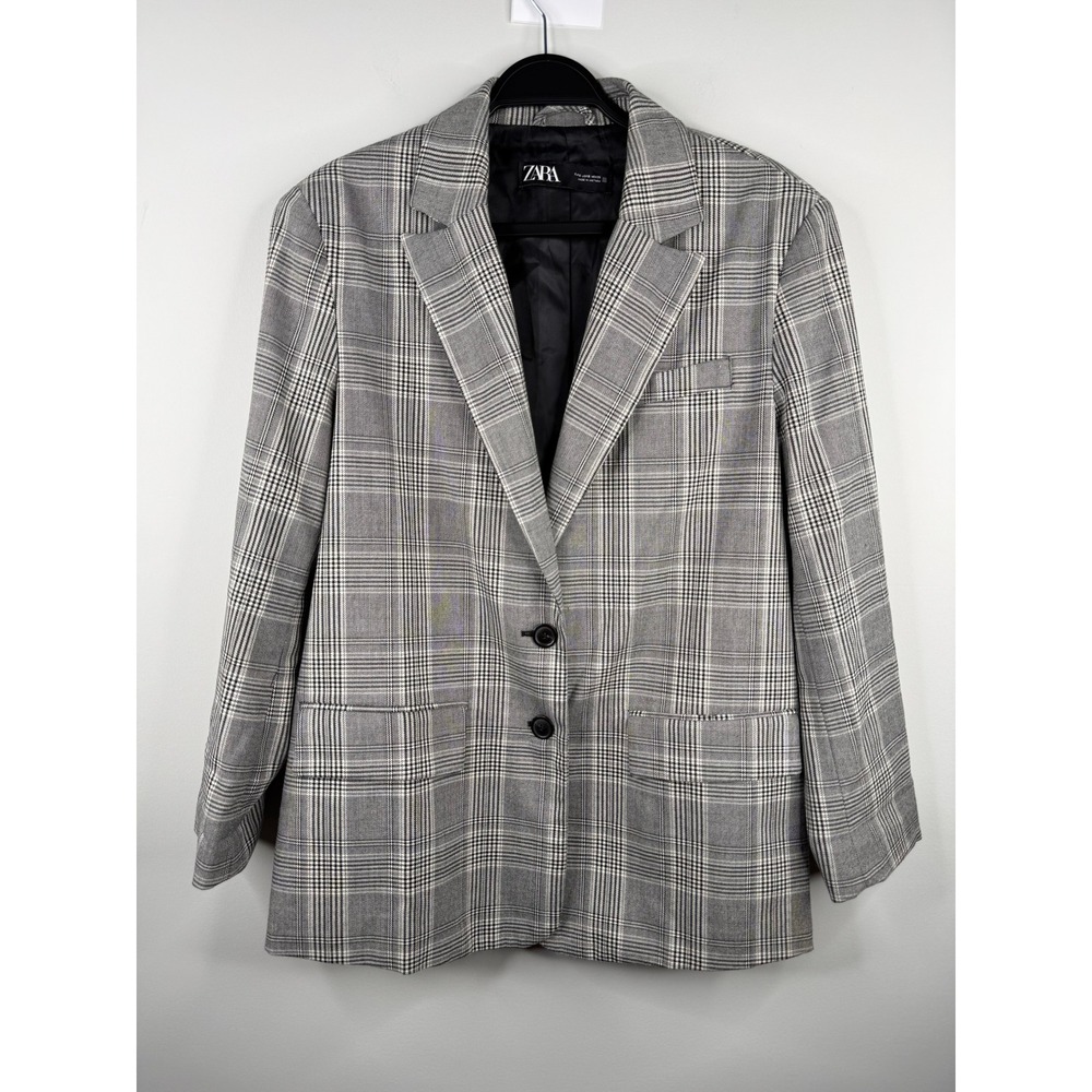 ZARA Womens Blazer Size S Gray Glen Plaid Check Long Sleeve Two Button Jacket